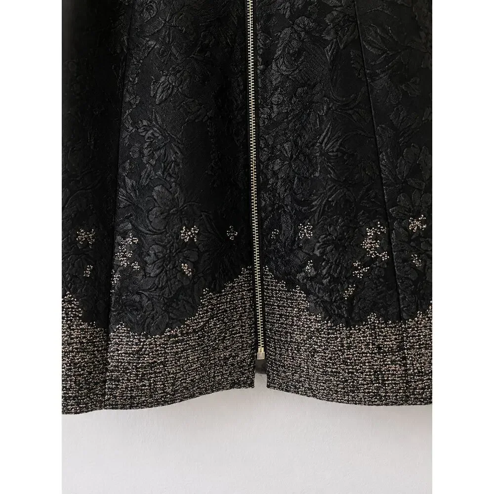 Ted Baker Black Gold Jacquard Zip Front Fit & Flare Dress size 2 - Picture 2 of 8